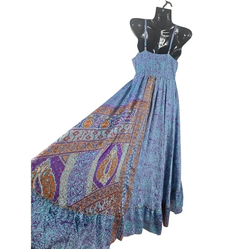 Silk Halter Dress Womens OS Purple Paisley High Low Boho Cottagecore Maxi